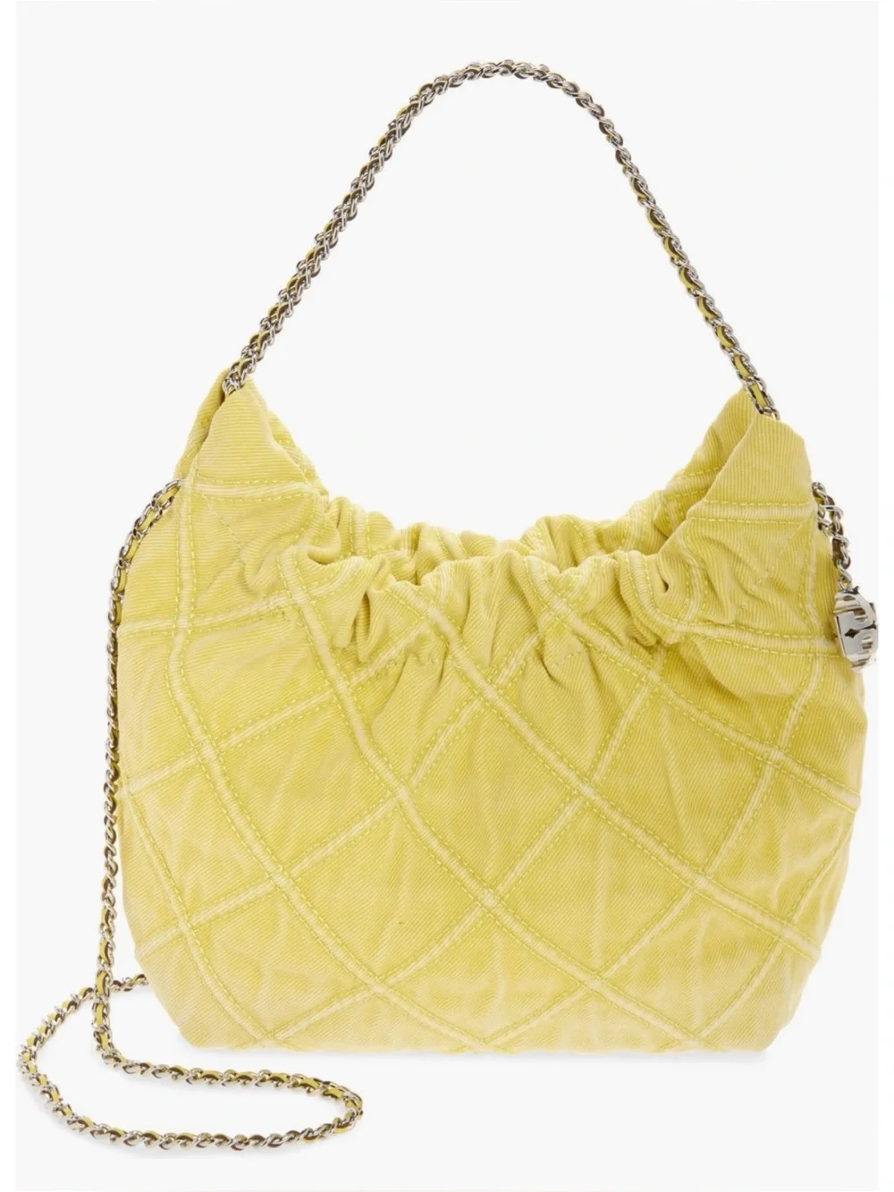 TORY BURCH MINI FLEMING SOFT QUILTED DENIM HOBO BAG, YELLOW